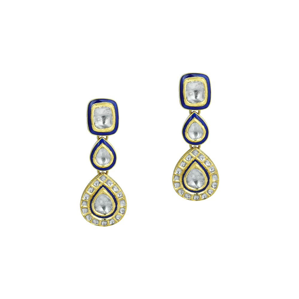 Tiered Teardrop Polki Earrings with Blue Enamel